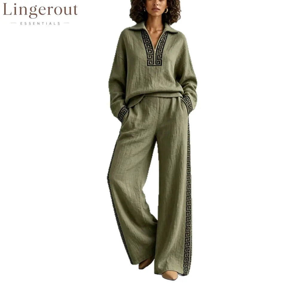 European And American Linen Print Suit For Women Half-Lapel Collar Long-Sleeved Top Side Stripes Wide-Leg Pants