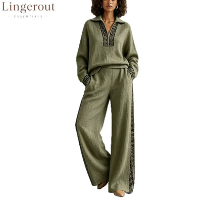 European And American Linen Print Suit For Women Half-Lapel Collar Long-Sleeved Top Side Stripes Wide-Leg Pants