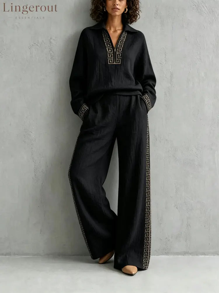 European And American Linen Print Suit For Women Half-Lapel Collar Long-Sleeved Top Side Stripes Wide-Leg Pants