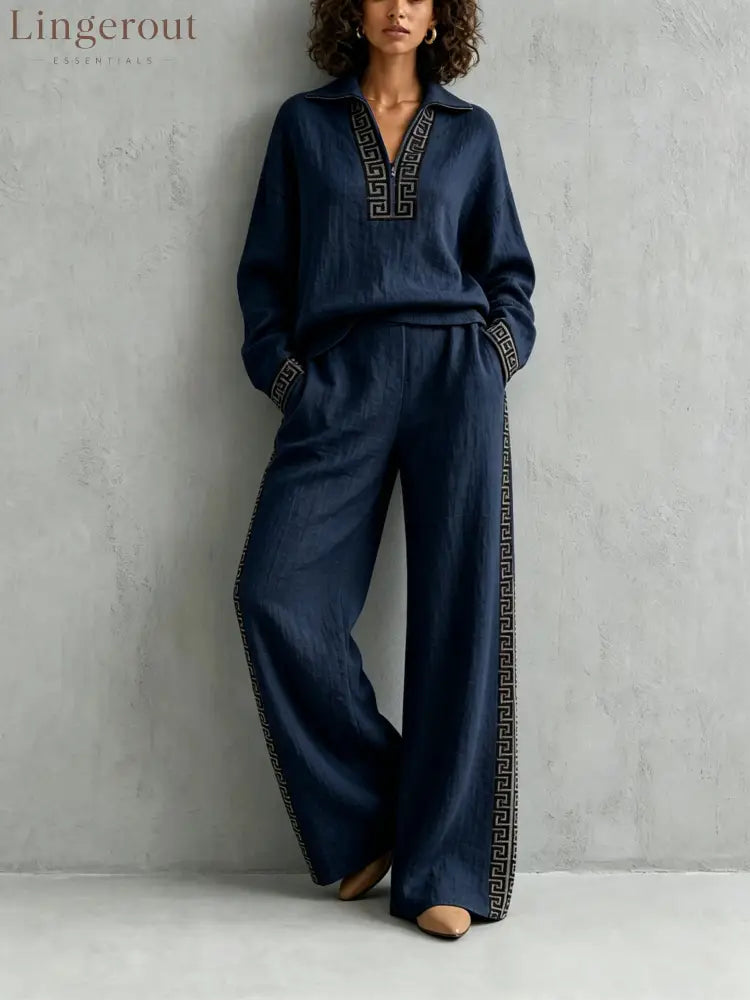 European And American Linen Print Suit For Women Half-Lapel Collar Long-Sleeved Top Side Stripes Wide-Leg Pants
