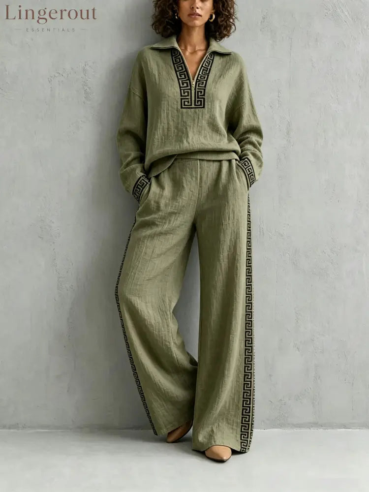 European And American Linen Print Suit For Women Half-Lapel Collar Long-Sleeved Top Side Stripes Wide-Leg Pants