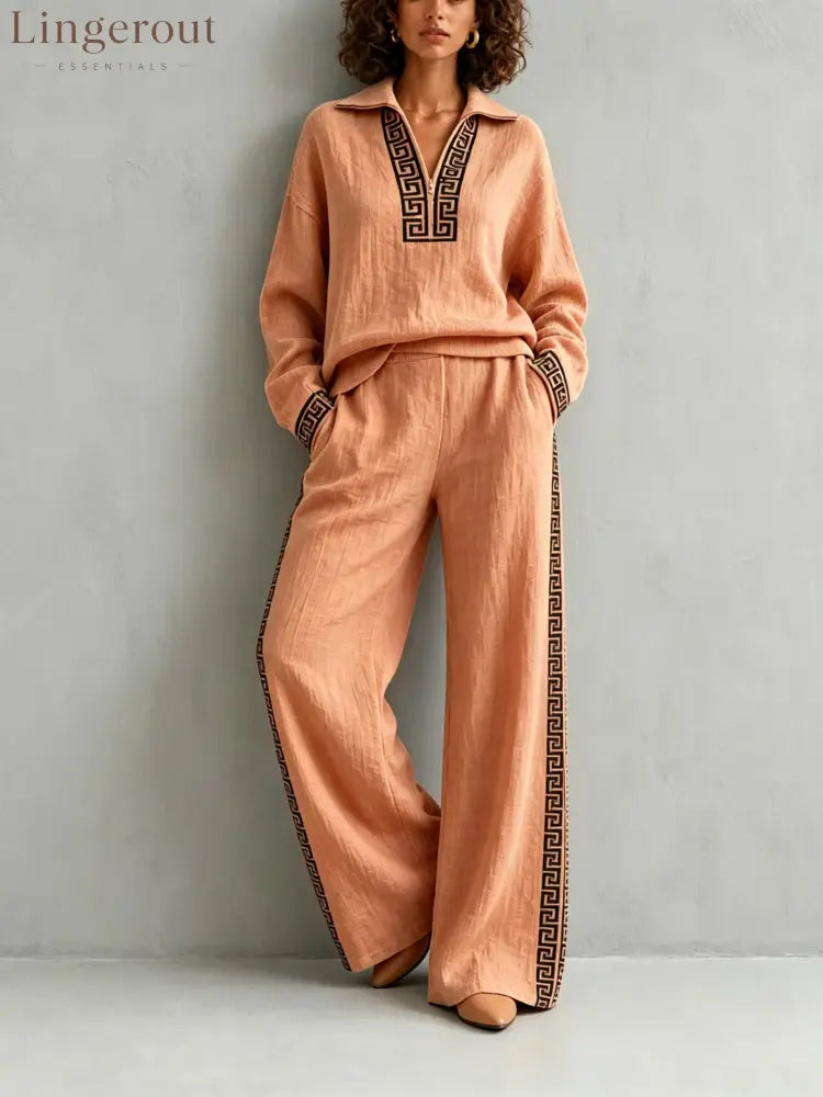 European And American Linen Print Suit For Women Half-Lapel Collar Long-Sleeved Top Side Stripes Wide-Leg Pants
