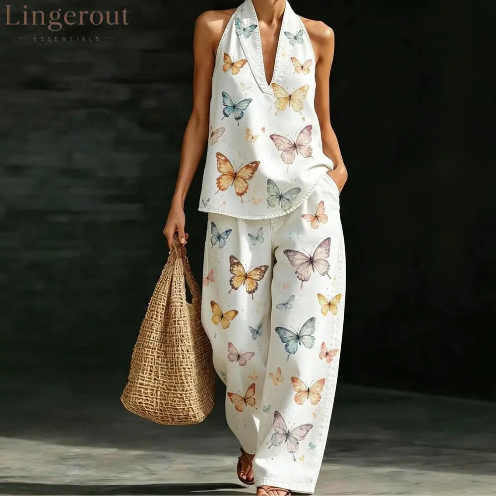 Geometric Print Halter V-Neck Sleeveless Top & Wide Leg Pants Two Piece Set