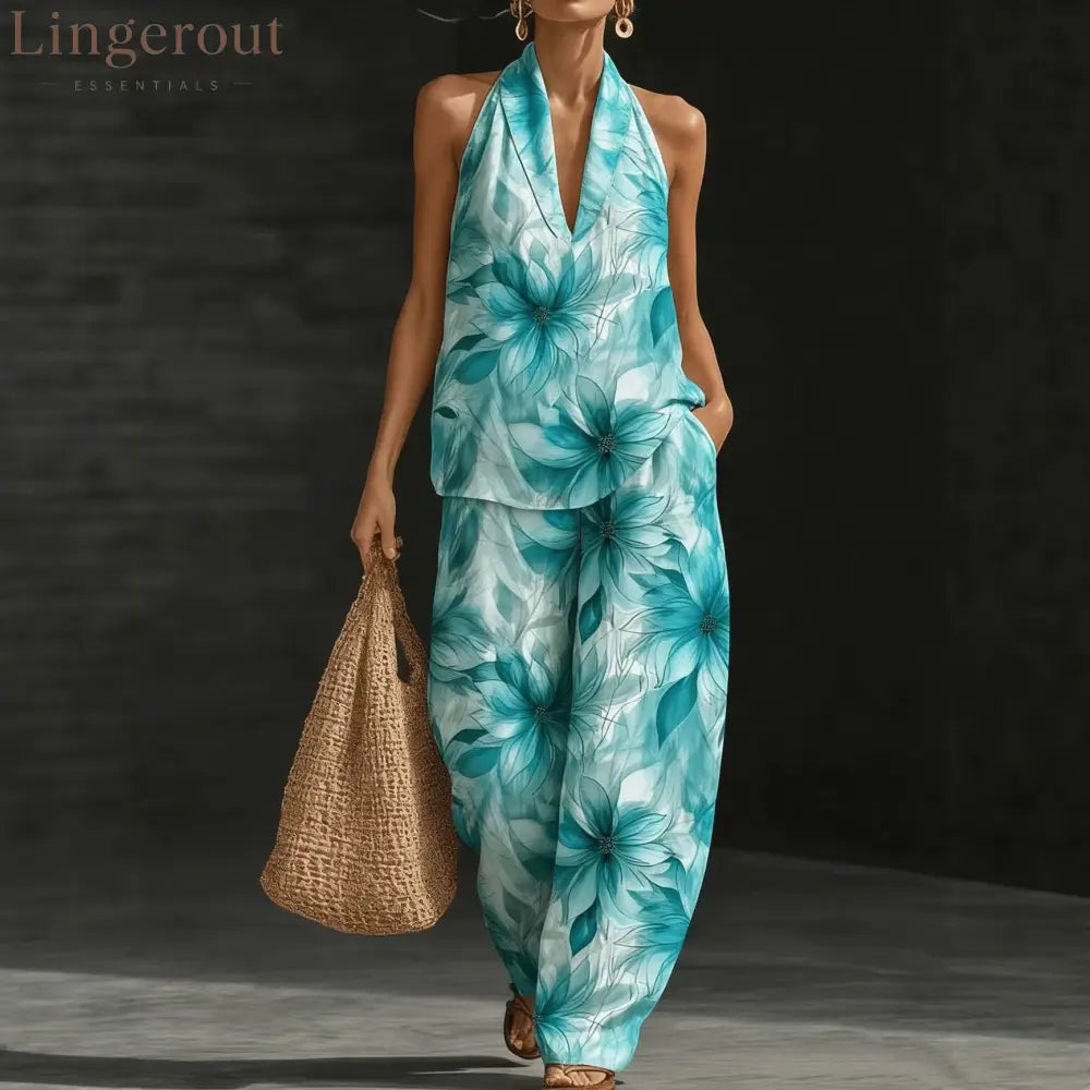 Geometric Print Halter V-Neck Sleeveless Top & Wide Leg Pants Two Piece Set
