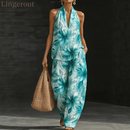 Geometric Print Halter V-Neck Sleeveless Top & Wide Leg Pants Two Piece Set