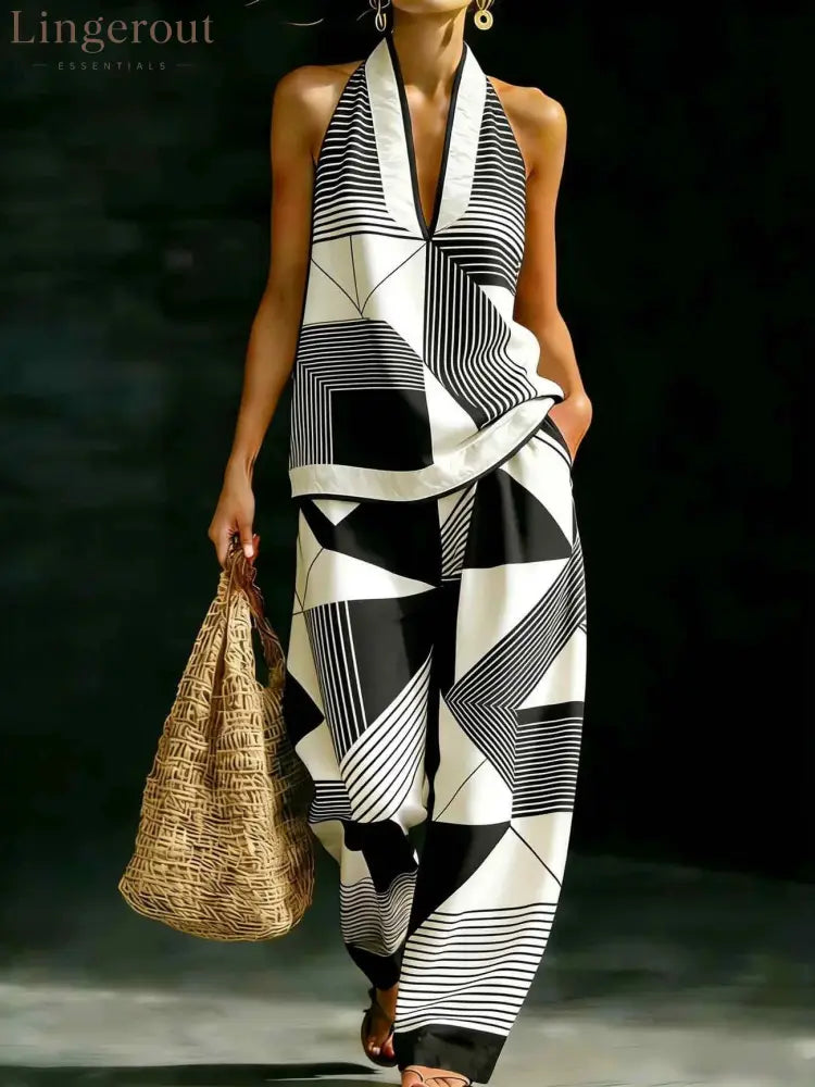 Geometric Print Halter V-Neck Sleeveless Top & Wide Leg Pants Two Piece Set - Geometric pattern / S