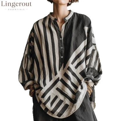 Geometric Stripe Half Placket Linen Blend Blouse