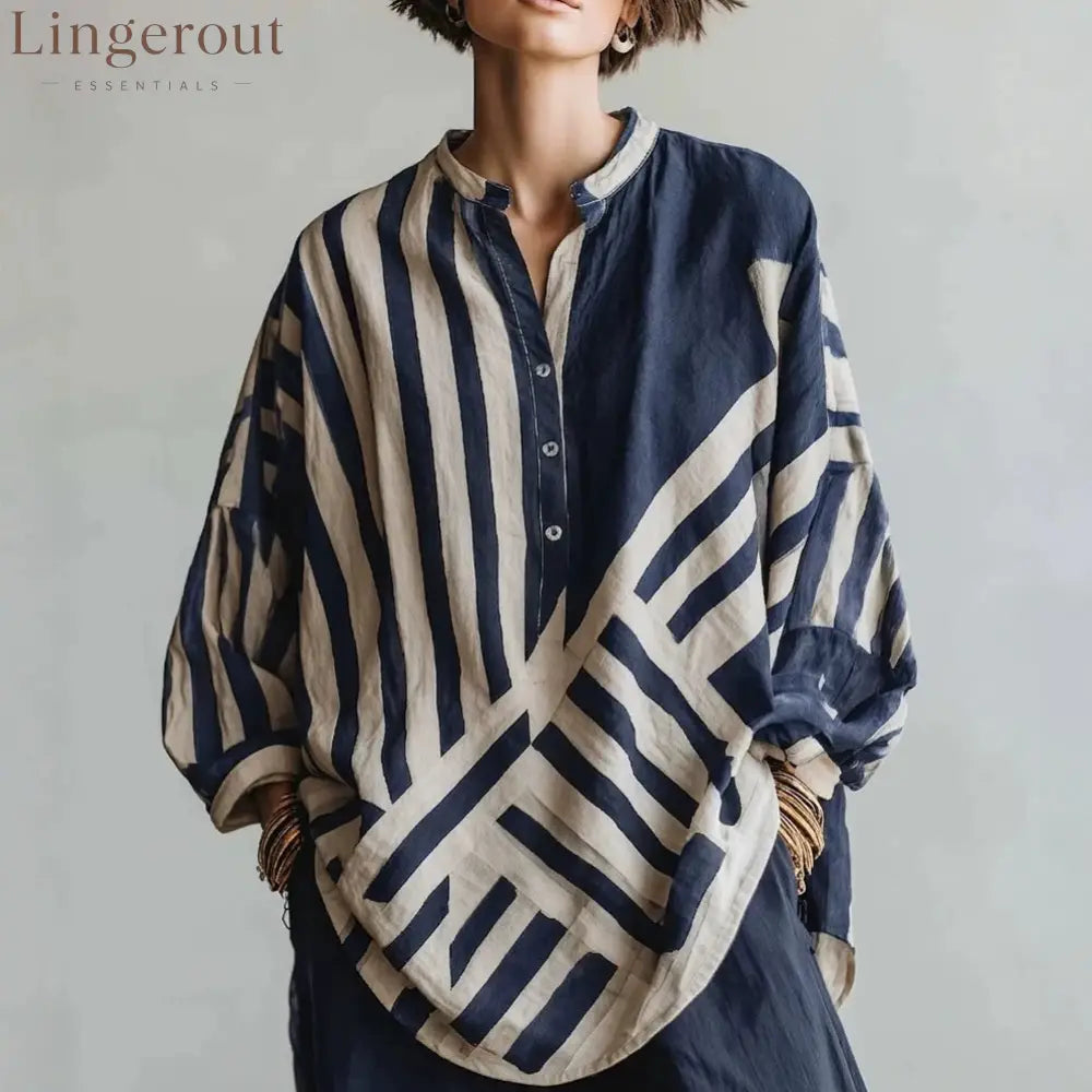 Geometric Stripe Half Placket Linen Blend Blouse - Navy blue / S