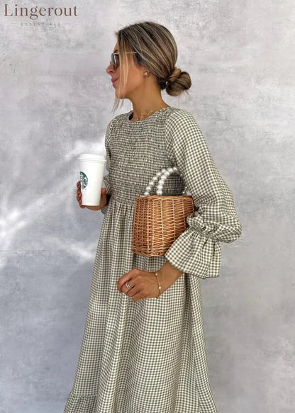 Green Check Round Neck Maxi Dress
