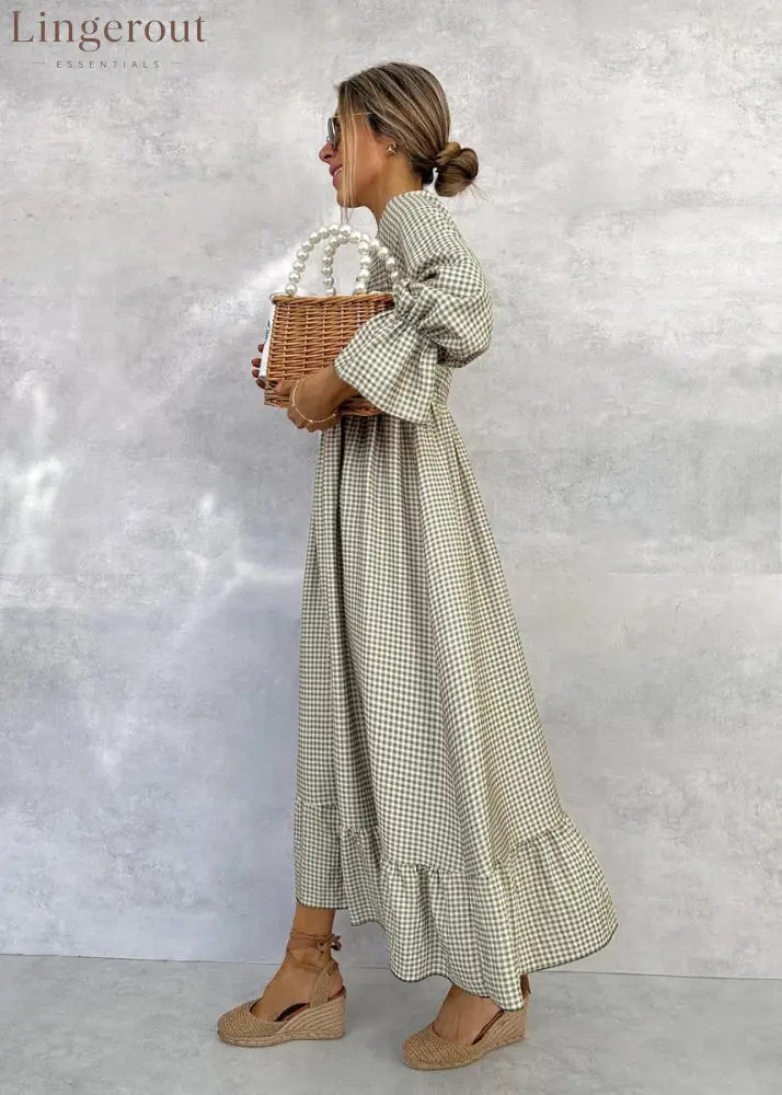 Green Check Round Neck Maxi Dress