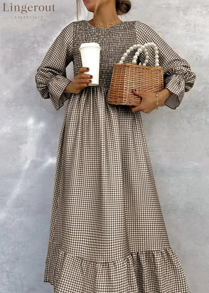Green Check Round Neck Maxi Dress - Brown / S