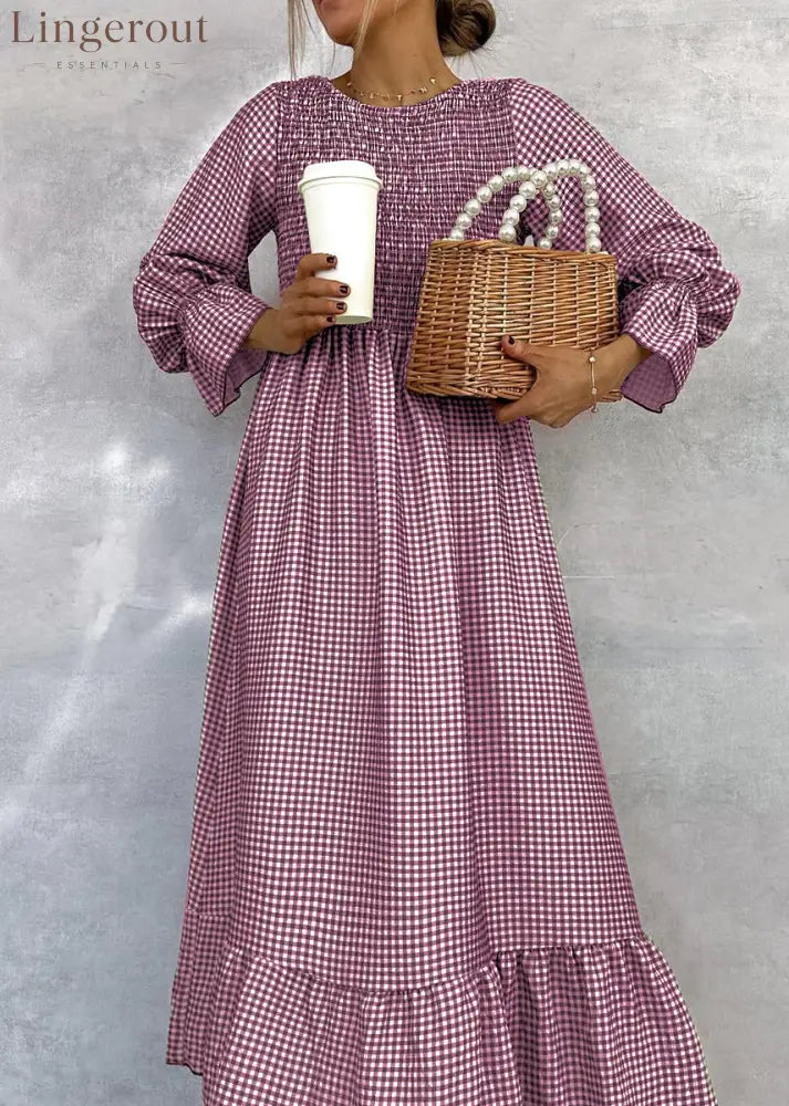Green Check Round Neck Maxi Dress - Wine Red / S