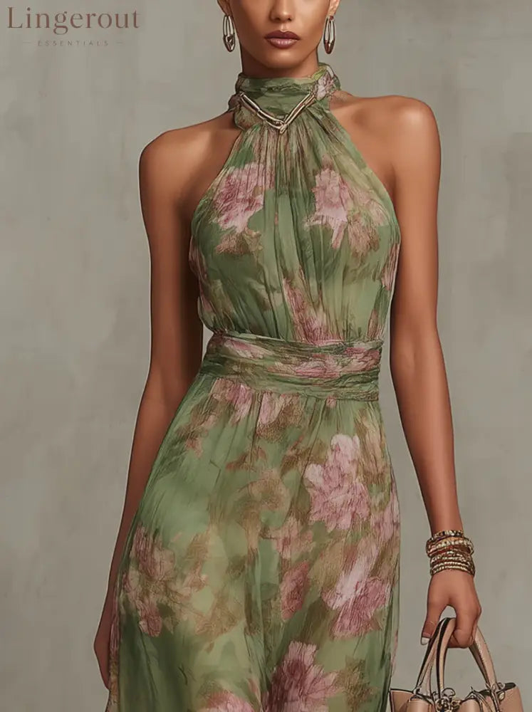 Green Floral Chiffon Halter Maxi Dress