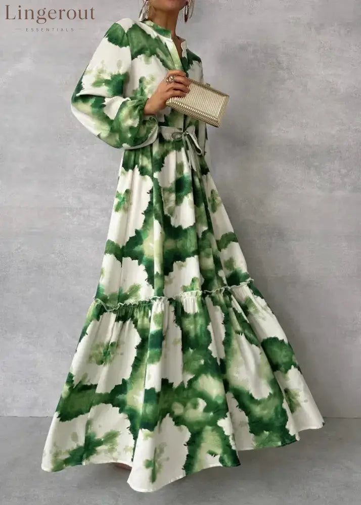 Green Long Sleeve V-Neck Maxi Dress