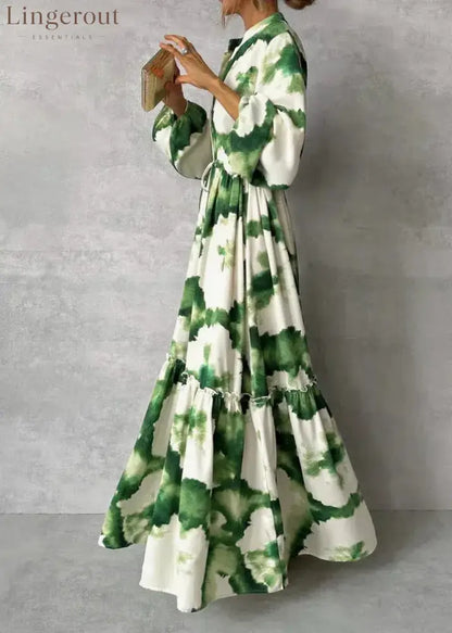 Green Long Sleeve V-Neck Maxi Dress