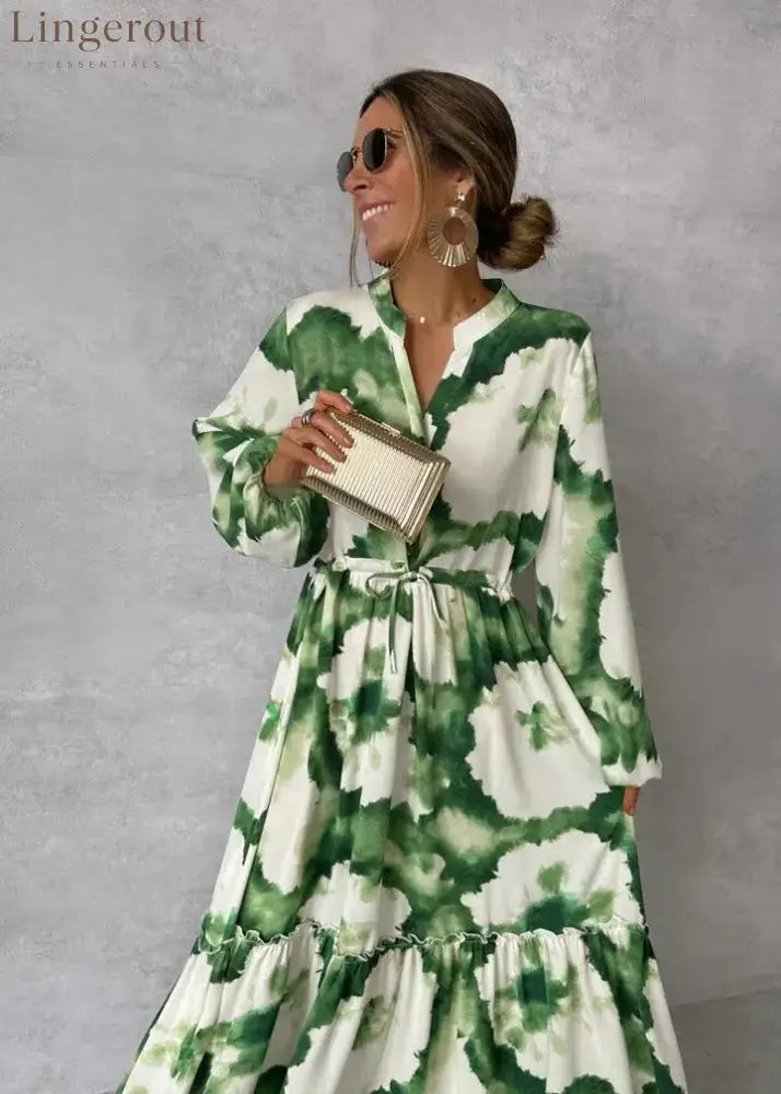 Green Long Sleeve V-Neck Maxi Dress