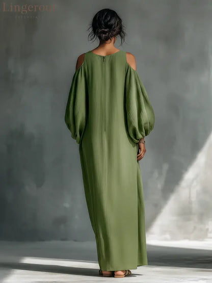 Green Off-shoulder Oversized Puff Sleeve Maxi Dress