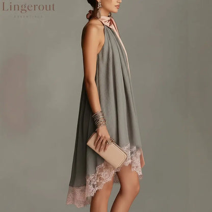 Grey Crinkle Halter Satin Big Bow Lace Hem Mini Dress