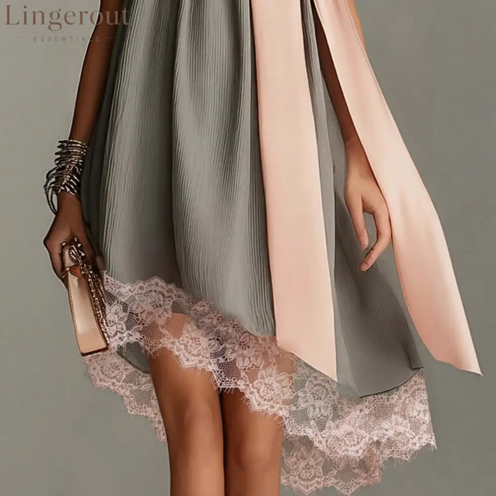 Grey Crinkle Halter Satin Big Bow Lace Hem Mini Dress