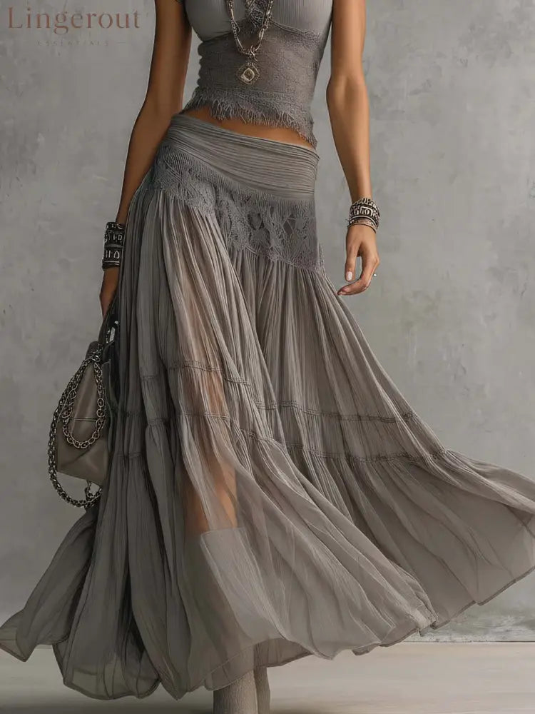 Grey Sheer Lace-Paneled Top and Pleated Maxi Skirt Set