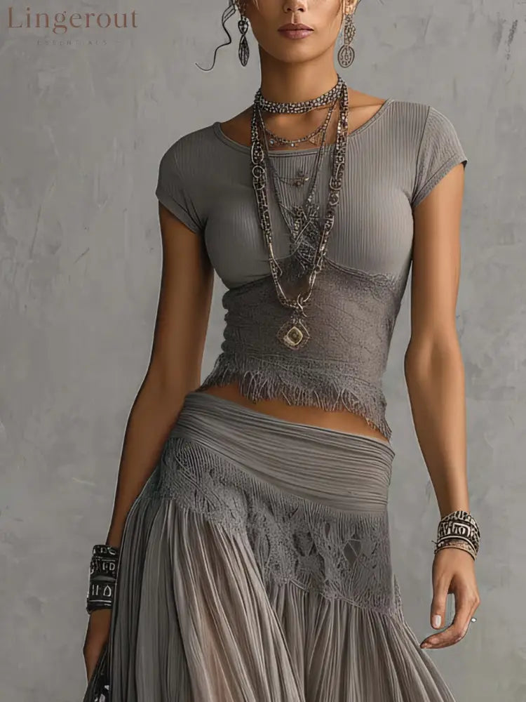 Grey Sheer Lace-Paneled Top and Pleated Maxi Skirt Set