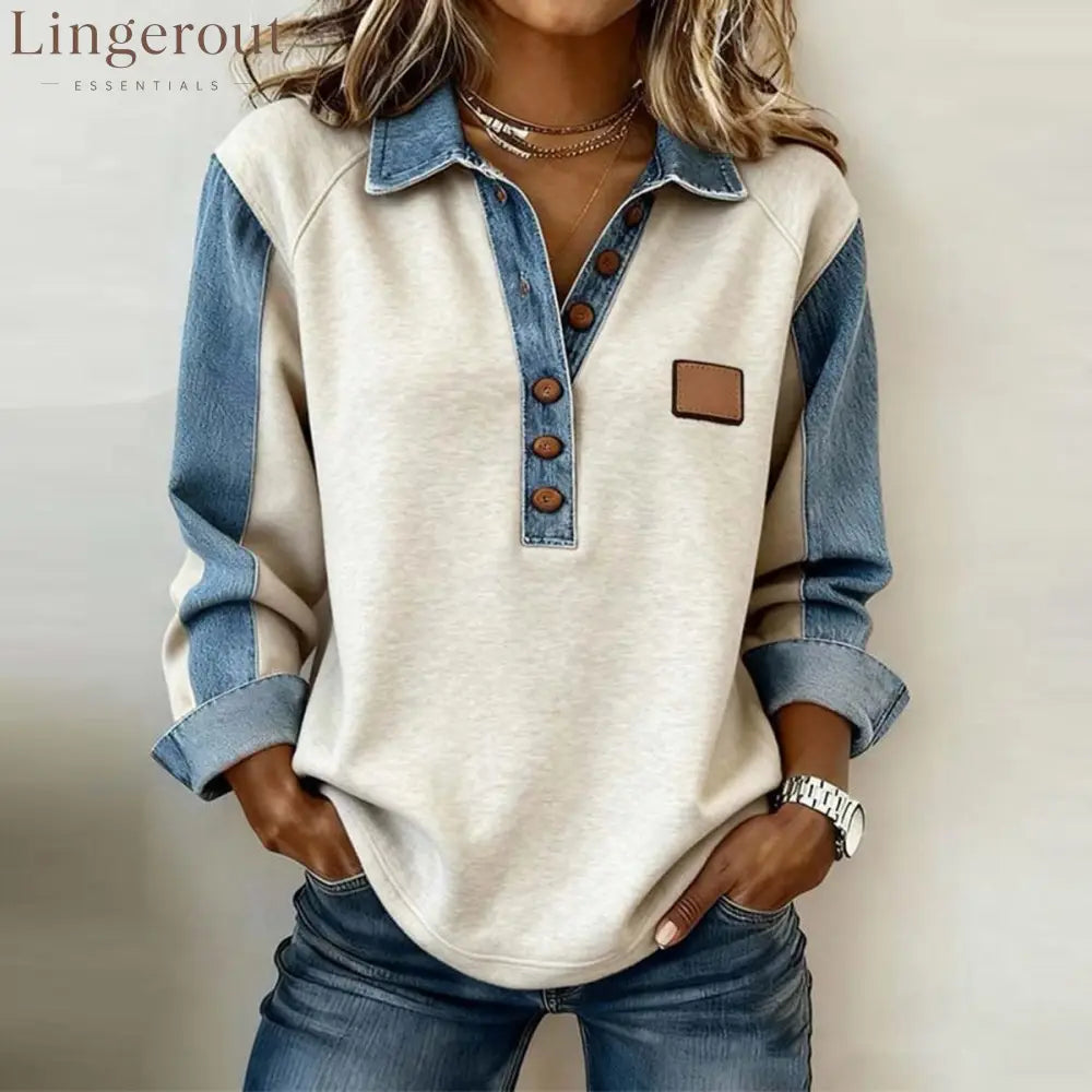 Groovy Button Front Denim Long Sleeve Top - Grey / S