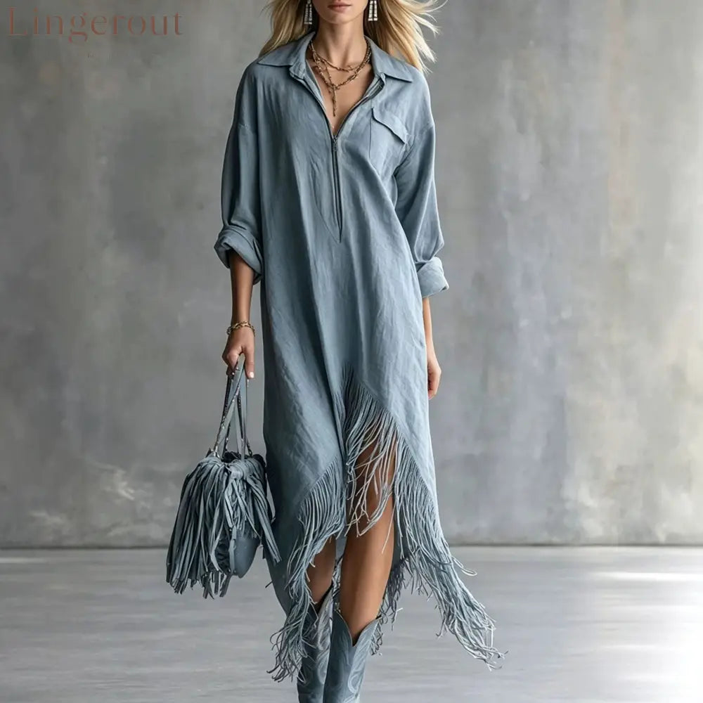 Half Zip Fringe Hem Boho Shirt Dress