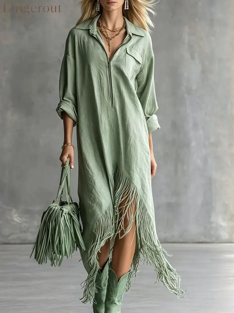 Half Zip Fringe Hem Boho Shirt Dress - Light green / S