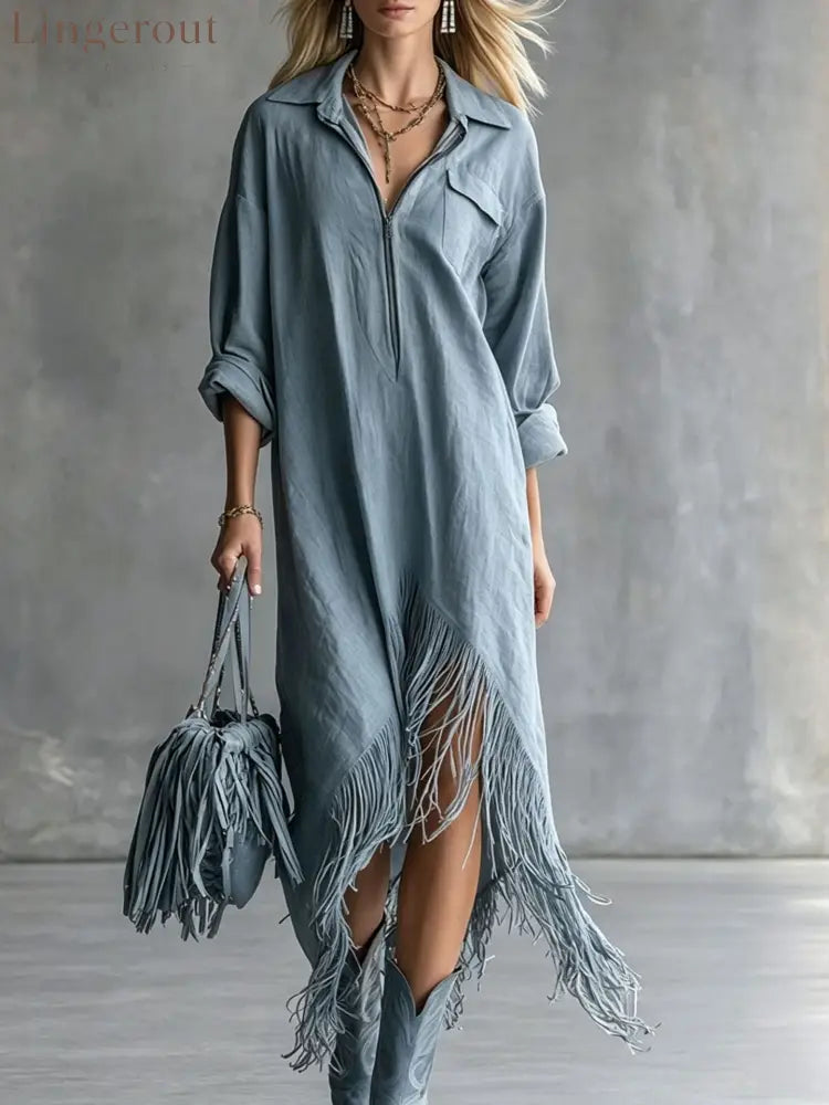 Half Zip Fringe Hem Boho Shirt Dress - Sea blue / S