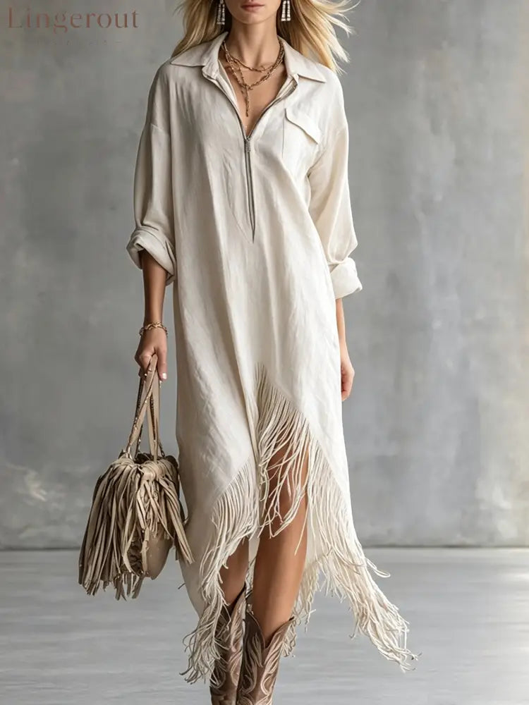Half Zip Fringe Hem Boho Shirt Dress - White / S