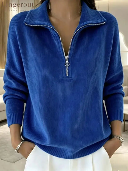 Half-Zip Ribbed Knit Collared Sweater - Blue / S