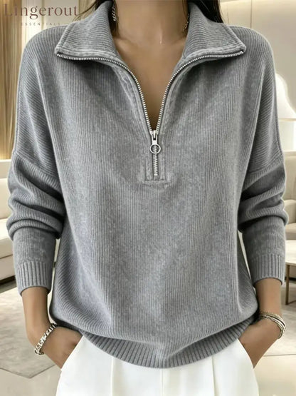 Half-Zip Ribbed Knit Collared Sweater - Light gray / S