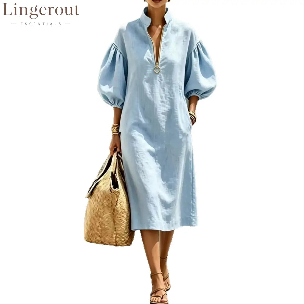 Half Zip Stand Collar Puff Sleeve Linen Midi Dress