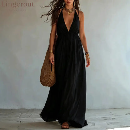 Halter Deep V Gathered Empire Waist Flowy Chiffon Maxi Dress