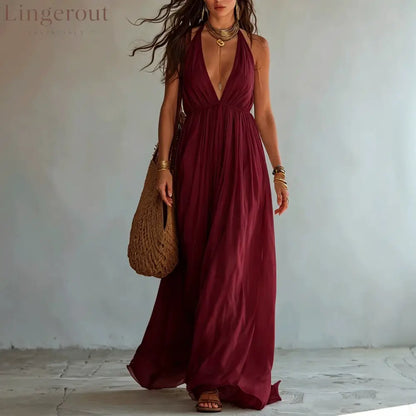 Halter Deep V Gathered Empire Waist Flowy Chiffon Maxi Dress
