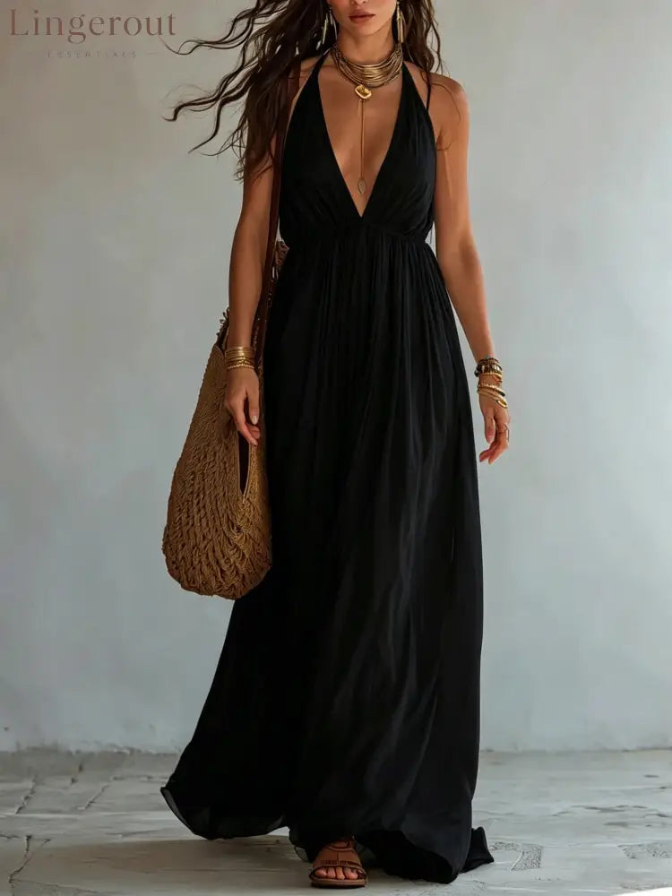 Halter Deep V Gathered Empire Waist Flowy Chiffon Maxi Dress - Black / S