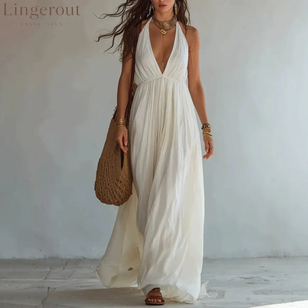Halter Deep V Gathered Empire Waist Flowy Chiffon Maxi Dress - White / S