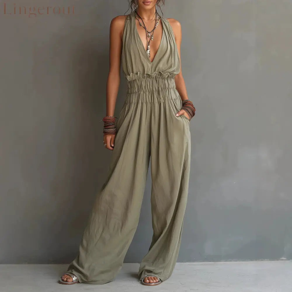 Halter Deep V Smocked Elastic Waist Wide Leg Palazzo Jumpsuit