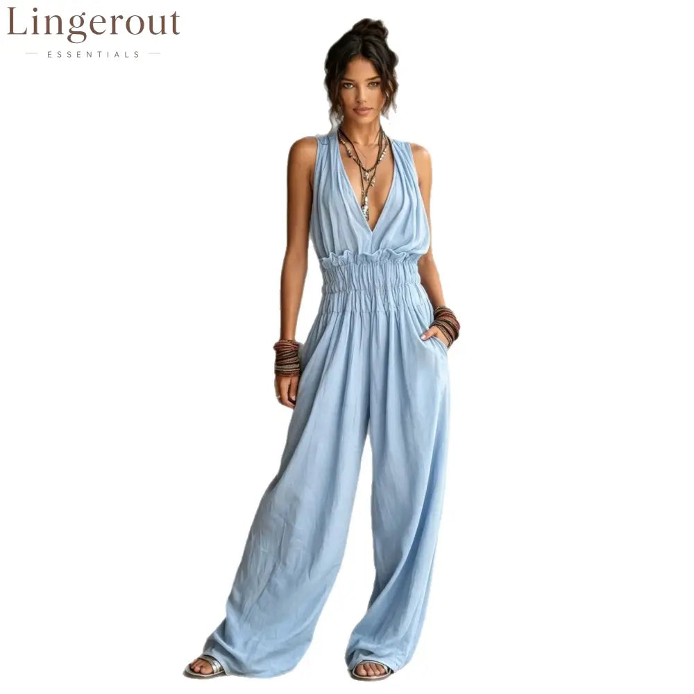 Halter Deep V Smocked Elastic Waist Wide Leg Palazzo Jumpsuit