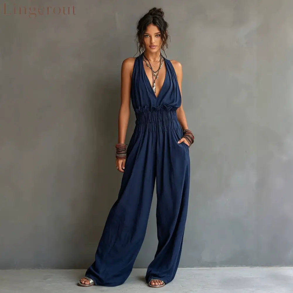 Halter Deep V Smocked Elastic Waist Wide Leg Palazzo Jumpsuit