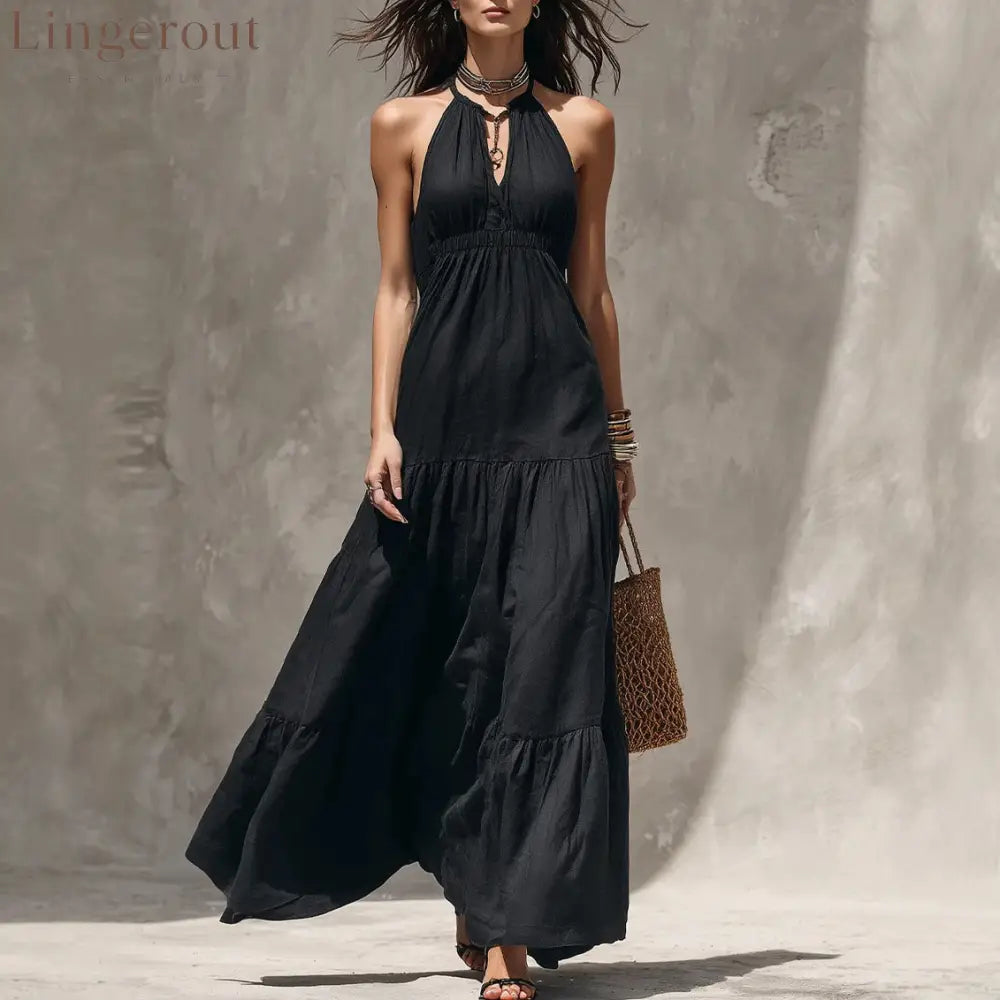 Halter Keyhole Neck Crinkled Tiered Maxi Dress