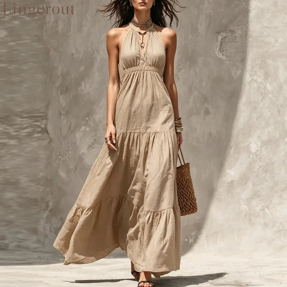 Halter Keyhole Neck Crinkled Tiered Maxi Dress