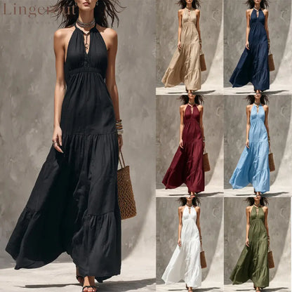 Halter Keyhole Neck Crinkled Tiered Maxi Dress