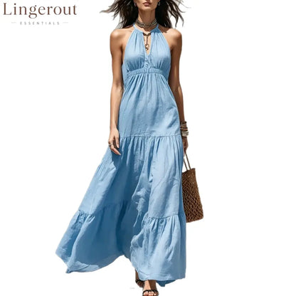 Halter Keyhole Neck Crinkled Tiered Maxi Dress