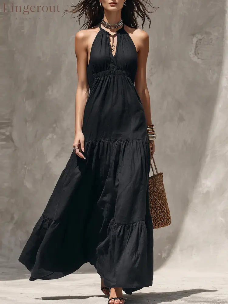 Halter Keyhole Neck Crinkled Tiered Maxi Dress - Black / S