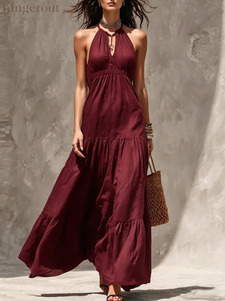 Halter Keyhole Neck Crinkled Tiered Maxi Dress - Claret / S