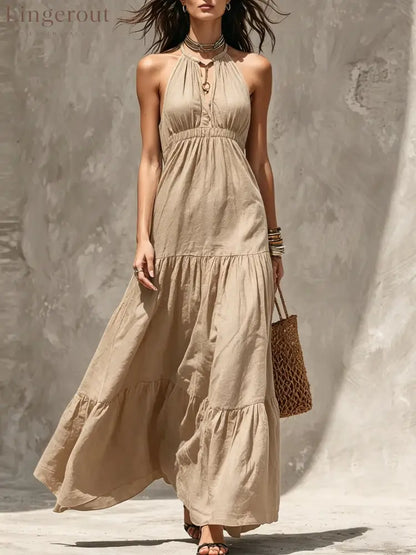 Halter Keyhole Neck Crinkled Tiered Maxi Dress - Khaki / S