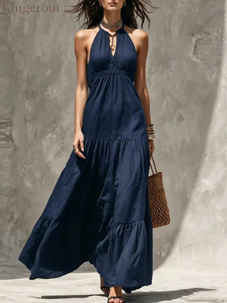 Halter Keyhole Neck Crinkled Tiered Maxi Dress - Navy blue / S