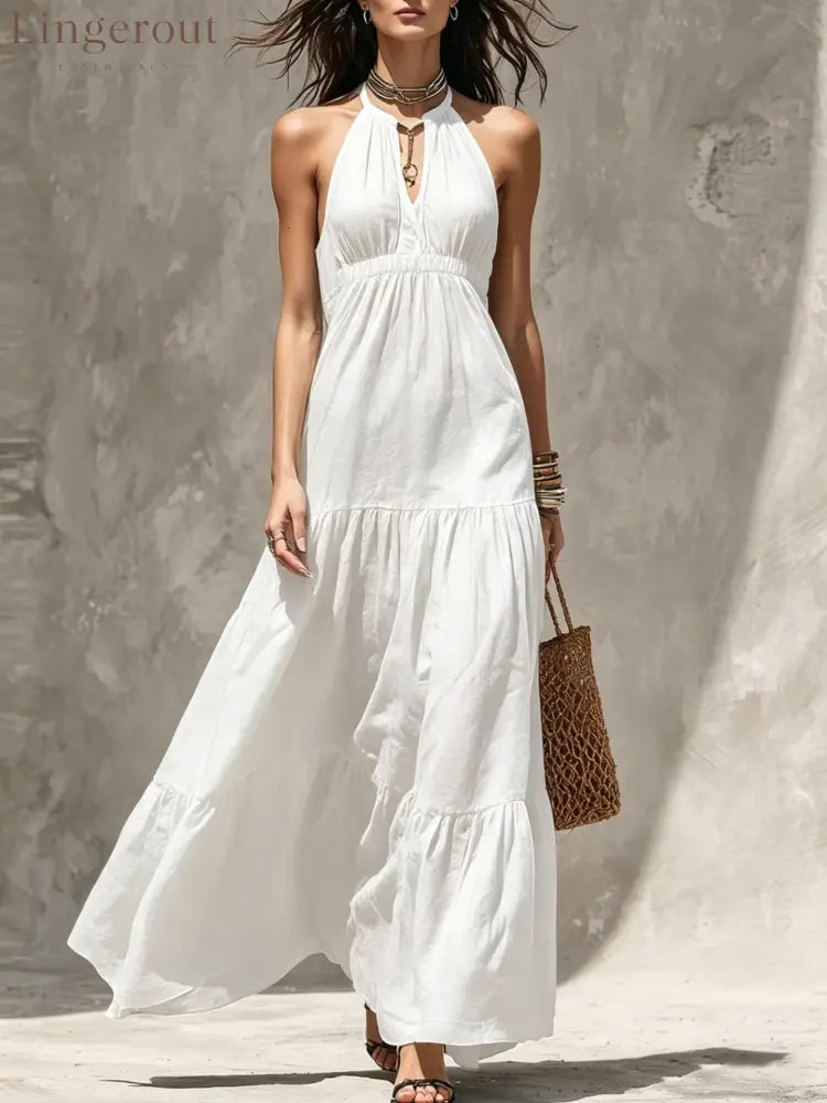 Halter Keyhole Neck Crinkled Tiered Maxi Dress - Pure white / S