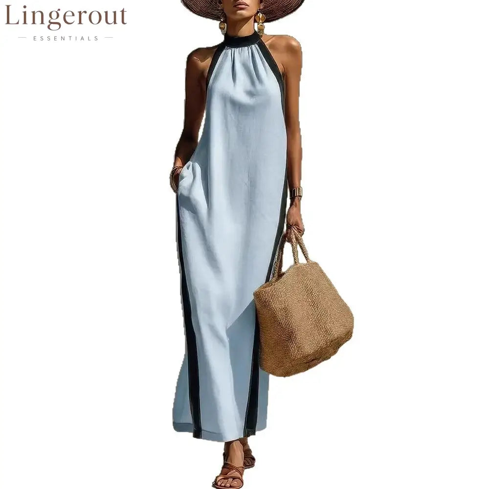 Halter Neck Contrast Trim Maxi Dress